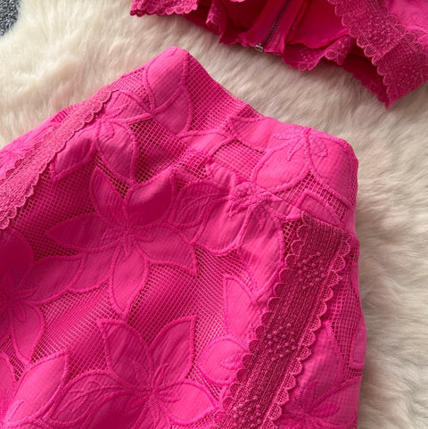 Hollowed Top & Skirt Lace 2Pcs