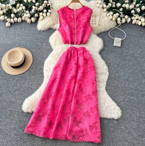 Hollowed Top & Skirt Lace 2Pcs