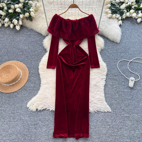 Wine Red Off-shoulder Suede Dress
