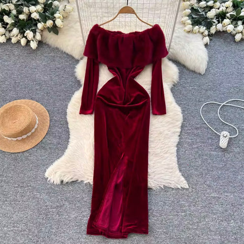 Wine Red Off-shoulder Suede Dress