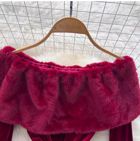 Wine Red Off-shoulder Suede Dress