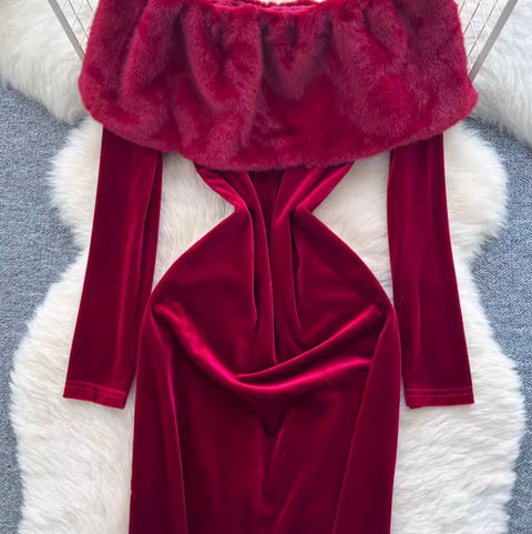 Wine Red Off-shoulder Suede Dress