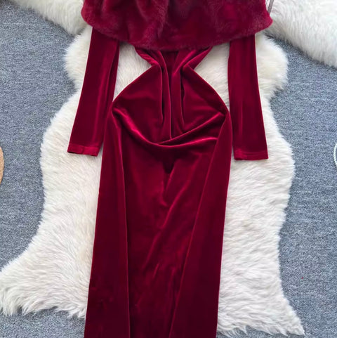 Wine Red Off-shoulder Suede Dress