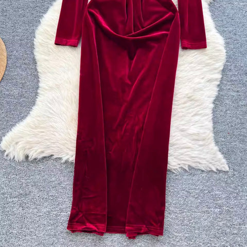 Wine Red Off-shoulder Suede Dress