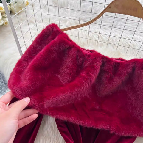 Wine Red Off-shoulder Suede Dress