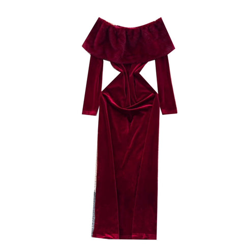 Wine Red Off-shoulder Suede Dress
