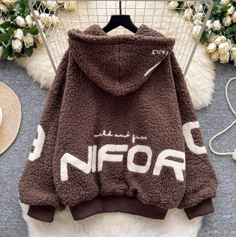 Chic Monogrammed Hooded Labmwool Jacket