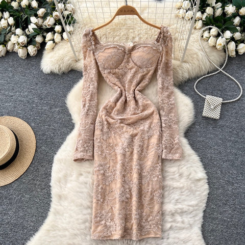 Square Neckline Khaki Lace Dress
