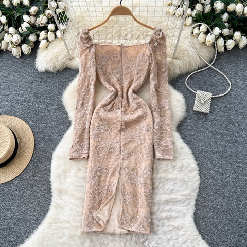 Square Neckline Khaki Lace Dress