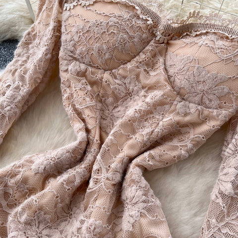 Square Neckline Khaki Lace Dress