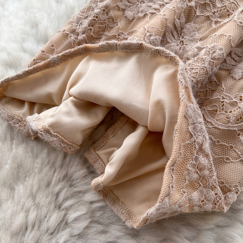 Square Neckline Khaki Lace Dress