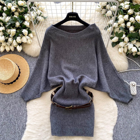 Bat-sleeve Knit Dress with Belt