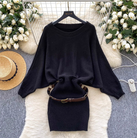 Bat-sleeve Knit Dress with Belt