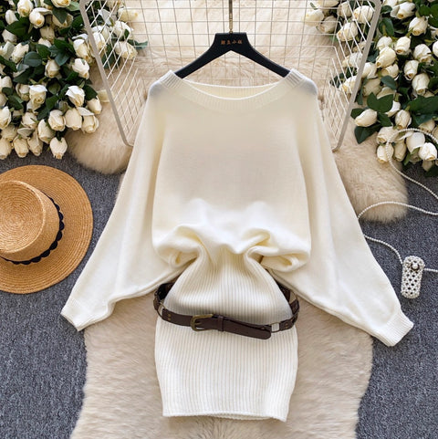 Bat-sleeve Knit Dress with Belt