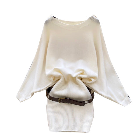Bat-sleeve Knit Dress with Belt
