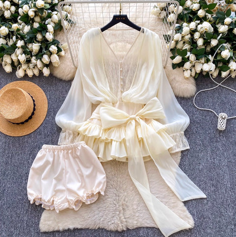 Bow-tie Top & Shorts Lace Patchwork 2Pcs