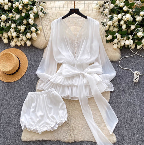 Bow-tie Top & Shorts Lace Patchwork 2Pcs