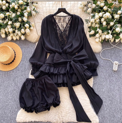 Bow-tie Top & Shorts Lace Patchwork 2Pcs