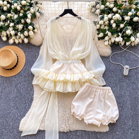 Bow-tie Top & Shorts Lace Patchwork 2Pcs