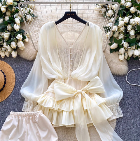 Bow-tie Top & Shorts Lace Patchwork 2Pcs