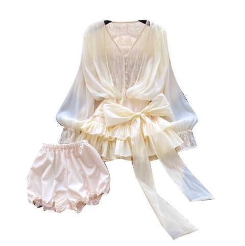 Bow-tie Top & Shorts Lace Patchwork 2Pcs