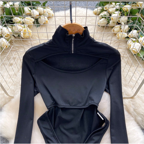 Turtleneck Black Hollowed Jumpsuits