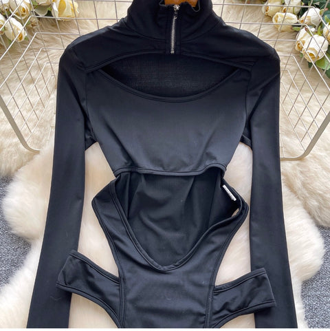 Turtleneck Black Hollowed Jumpsuits
