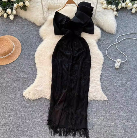 Bow-tie One Shoulder Black Dress