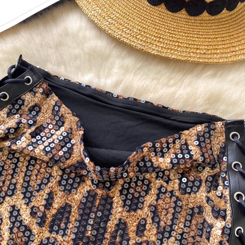 Shiny Leopard Print Sequined Shorts