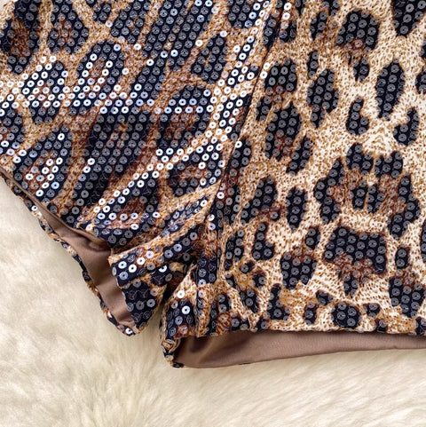 Shiny Leopard Print Sequined Shorts