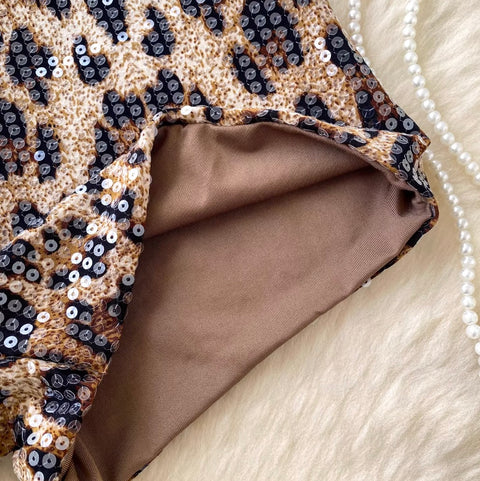 Shiny Leopard Print Sequined Shorts