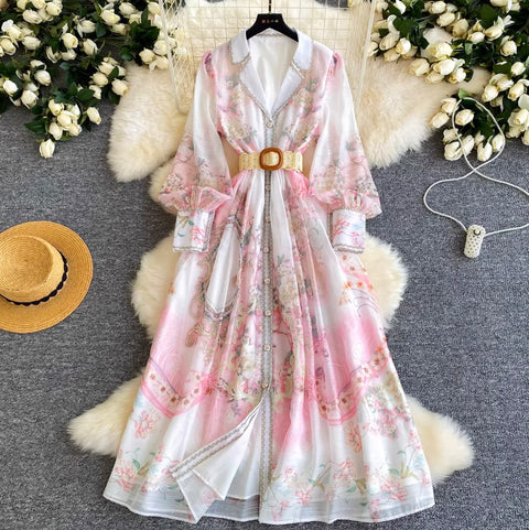 French Style V-neck Print Dress