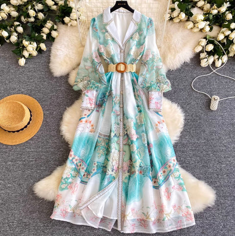 French Style V-neck Print Dress