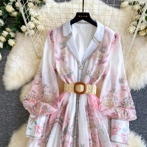 French Style V-neck Print Dress