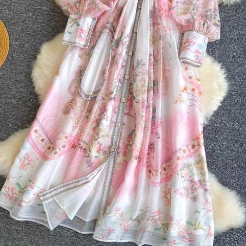 French Style V-neck Print Dress