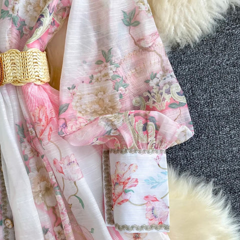 French Style V-neck Print Dress