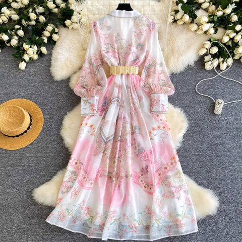 French Style V-neck Print Dress