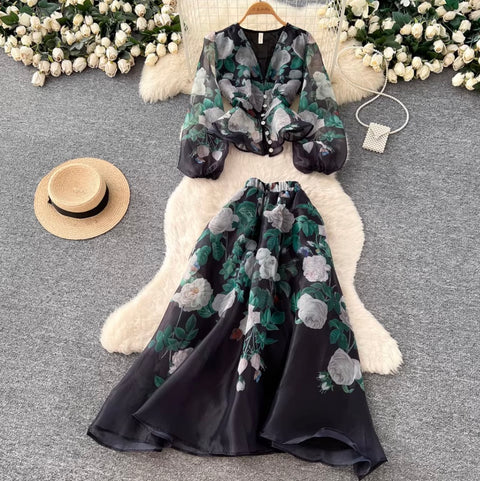 Fairy V-neck Shirt & Skirt Floral 2Pcs