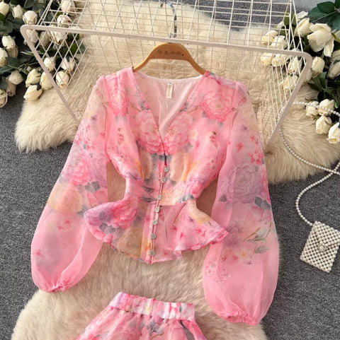 Fairy V-neck Shirt & Skirt Floral 2Pcs