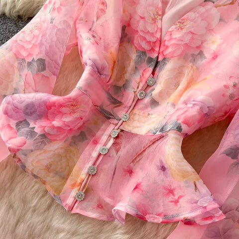 Fairy V-neck Shirt & Skirt Floral 2Pcs
