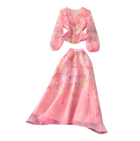 Fairy V-neck Shirt & Skirt Floral 2Pcs