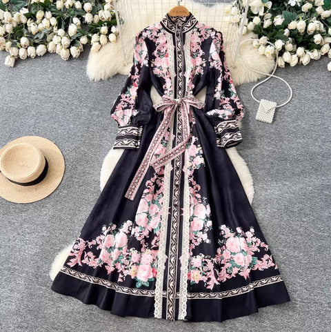 Elegant Flower Print Lace-up Dress