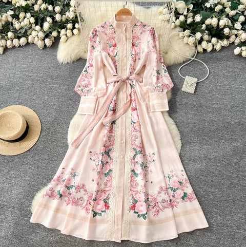 Elegant Flower Print Lace-up Dress