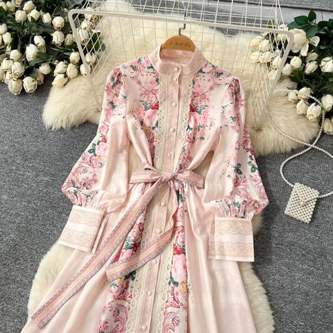 Elegant Flower Print Lace-up Dress