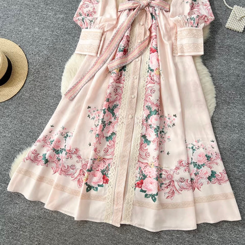 Elegant Flower Print Lace-up Dress