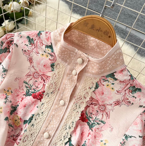 Elegant Flower Print Lace-up Dress