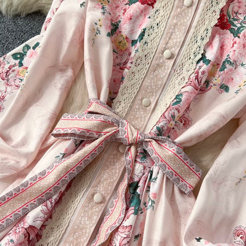 Elegant Flower Print Lace-up Dress
