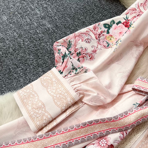 Elegant Flower Print Lace-up Dress