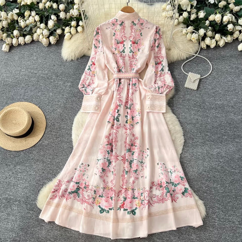 Elegant Flower Print Lace-up Dress