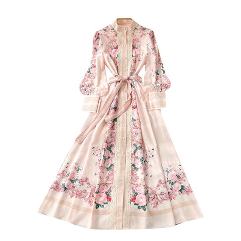 Elegant Flower Print Lace-up Dress
